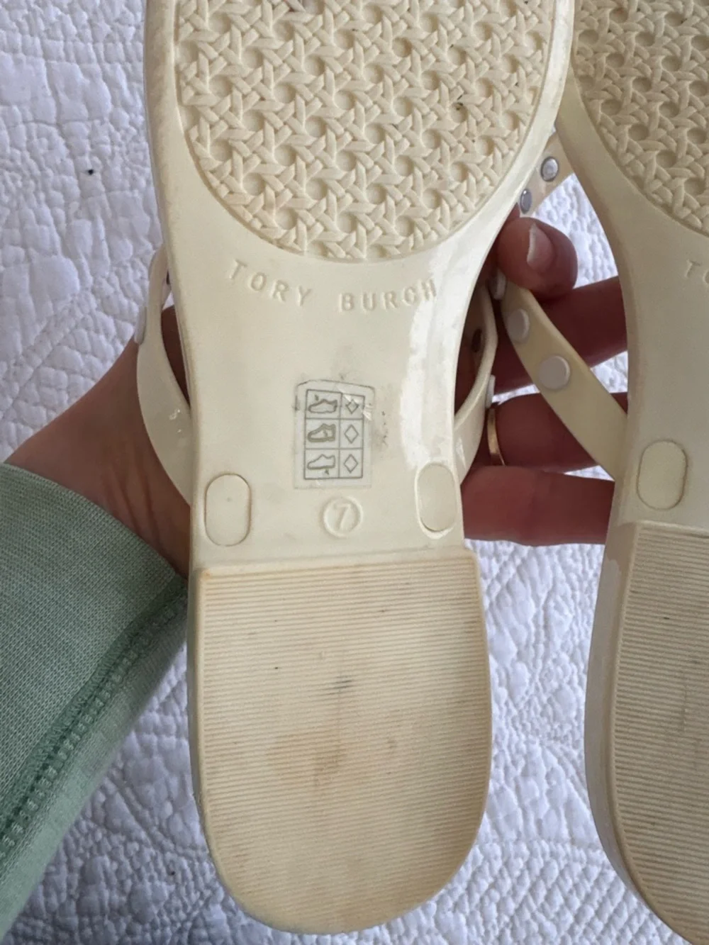 Tory Burch Ivory/pale yellow thong jelly  sandals size 7. Studded w/metal logos